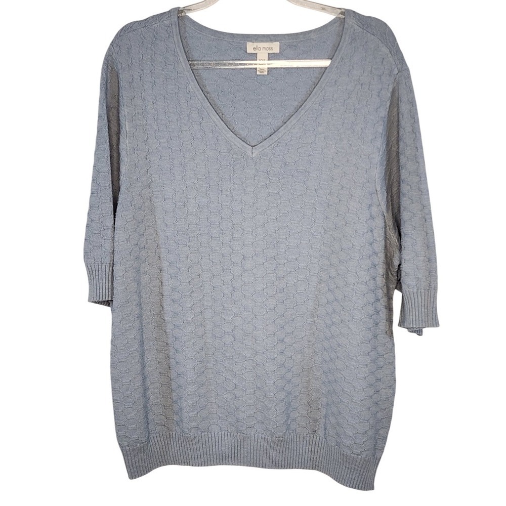 Ella Moss XXL Blue Textured‎ Knit V Neck 3/4 Sleeve Pullover Sweater Top  EUC